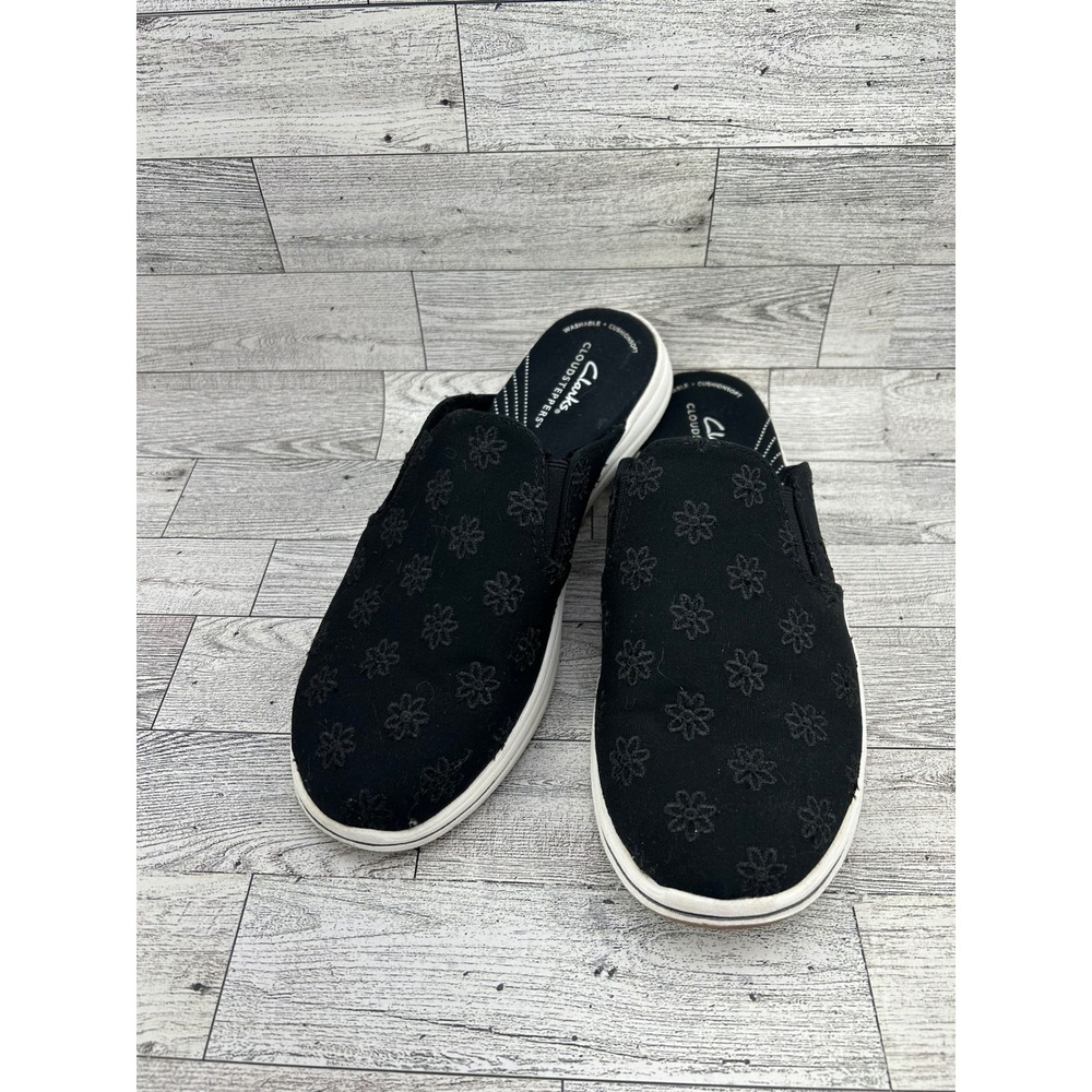 Clarks‎ Cloudsteppers Womens US 8 Black Floral Cushioned Washable Mule Slides